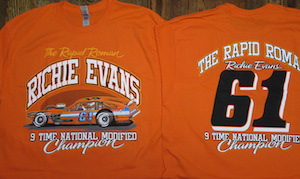 Richie Evans #61 9 Time Modified Champion orange Cavalier tee shirt